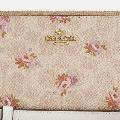 Coach Long Zip Around Wallet In Signature Canvas With Floral Print Gold Sand Multi