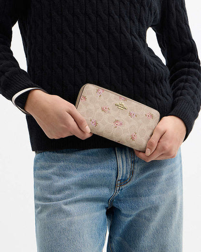 Long Zip Around Wallet In Signature Canvas With Floral Print Gold-Sand Multi Gold-Sand Multi