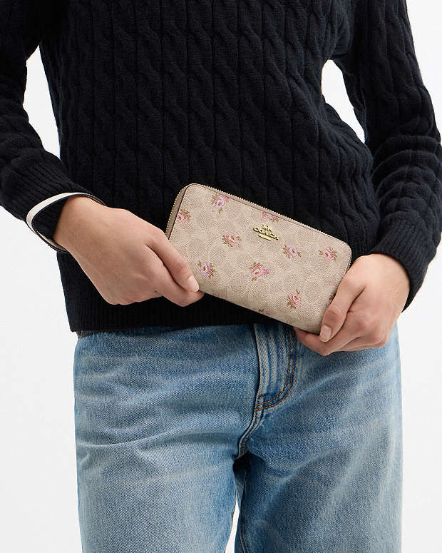 Long Zip Around Wallet In Signature Canvas With Floral Print Gold-Sand Multi Gold-Sand Multi