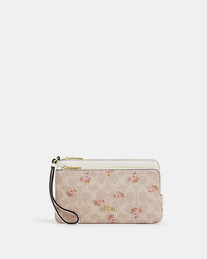 Double Zip Wallet With Signature Canvas With Floral Print Gold-Sand Multi Gold-Sand Multi