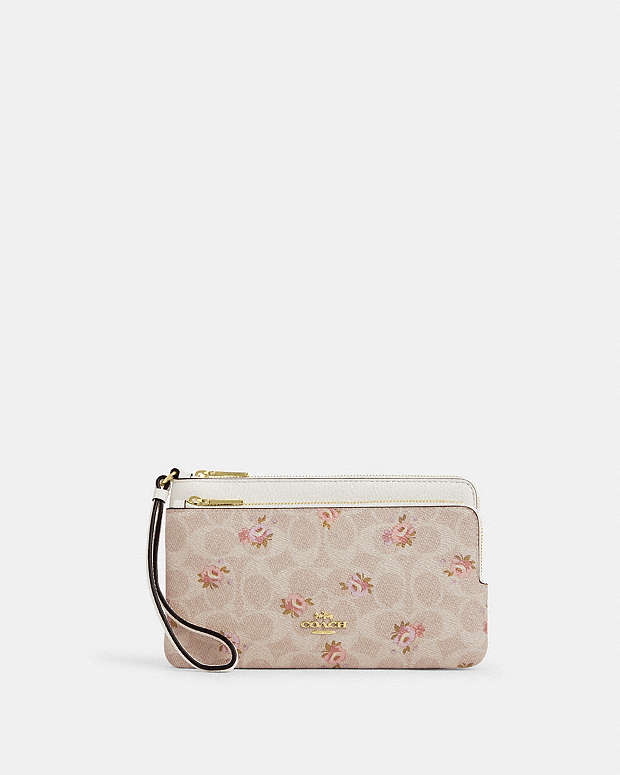 Double Zip Wallet With Signature Canvas With Floral Print Gold-Sand Multi Gold-Sand Multi