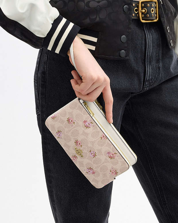 Double Zip Wallet With Signature Canvas With Floral Print Gold-Sand Multi Gold-Sand Multi