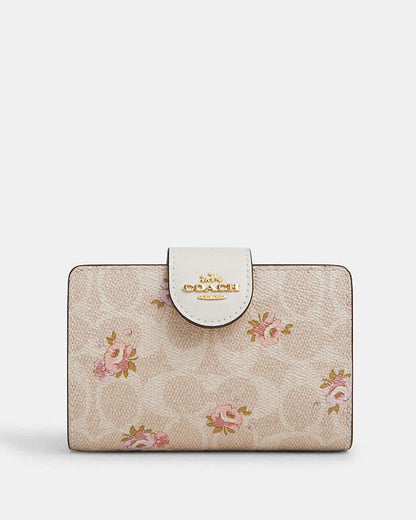 Medium Corner Zip Wallet In Signature Canvas With Floral Print Gold-Sand Multi Gold-Sand Multi