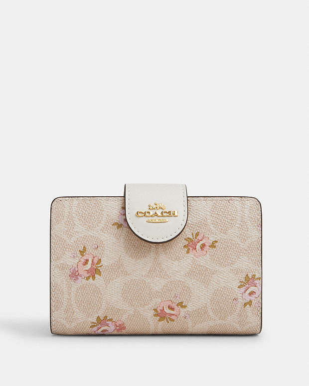 Medium Corner Zip Wallet In Signature Canvas With Floral Print Gold-Sand Multi Gold-Sand Multi