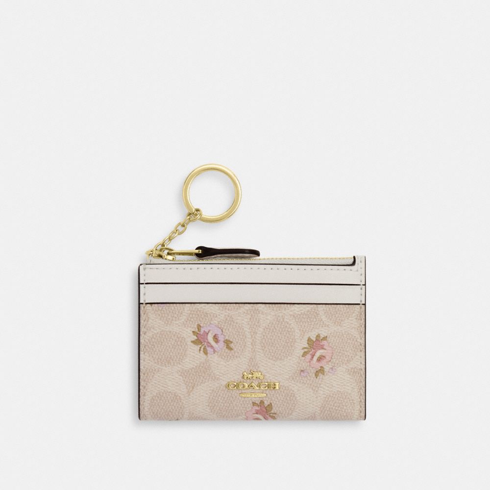 Coach Mini Skinny Id Case In Signature Canvas With Floral Print Gold Sand Multi