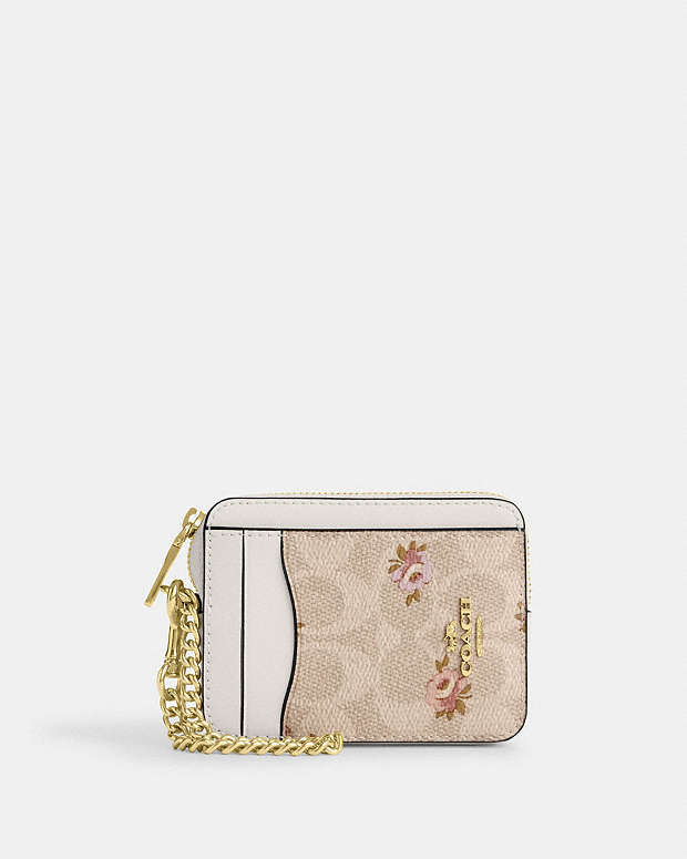 Zip Card Case In Signature Canvas With Floral Print Gold-Sand Multi Gold-Sand Multi
