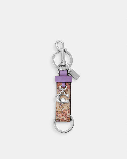 Trigger Snap Bag Charm With Floral Print Signature Canvas-Silver-Sand Multi Signature Canvas-Silver-Sand Multi