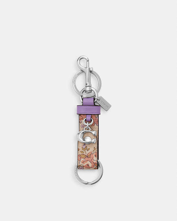 Trigger Snap Bag Charm With Floral Print Signature Canvas-Silver-Sand Multi Signature Canvas-Silver-Sand Multi