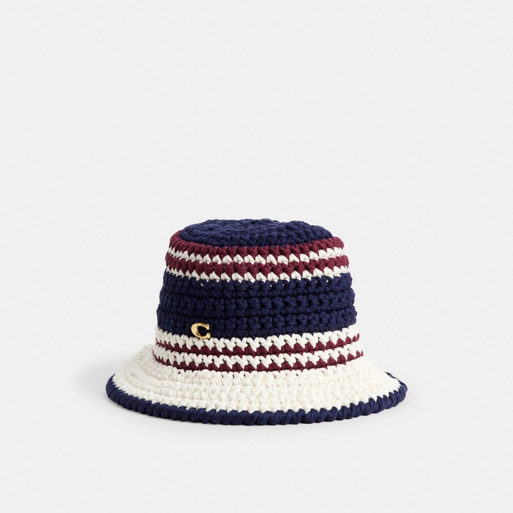 Coach Stripe Crochet Bucket Hat Navy Multi