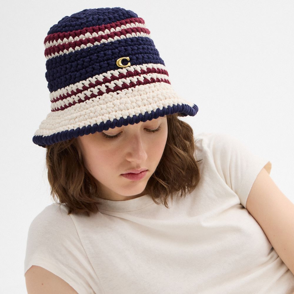 Coach Stripe Crochet Bucket Hat Navy Multi