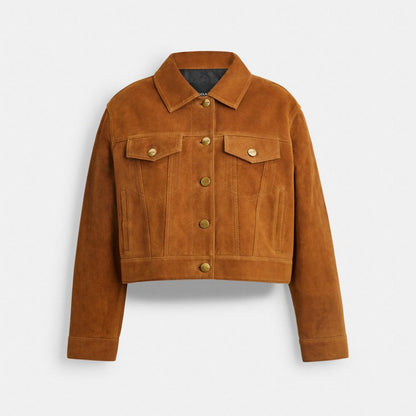 Coach Cropped Suede Jacket Warm Brown