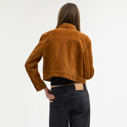 Coach Cropped Suede Jacket Warm Brown