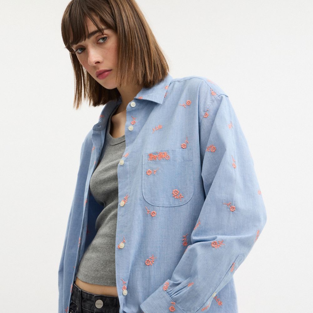 Coach Floral Embroidery Shirt Blue