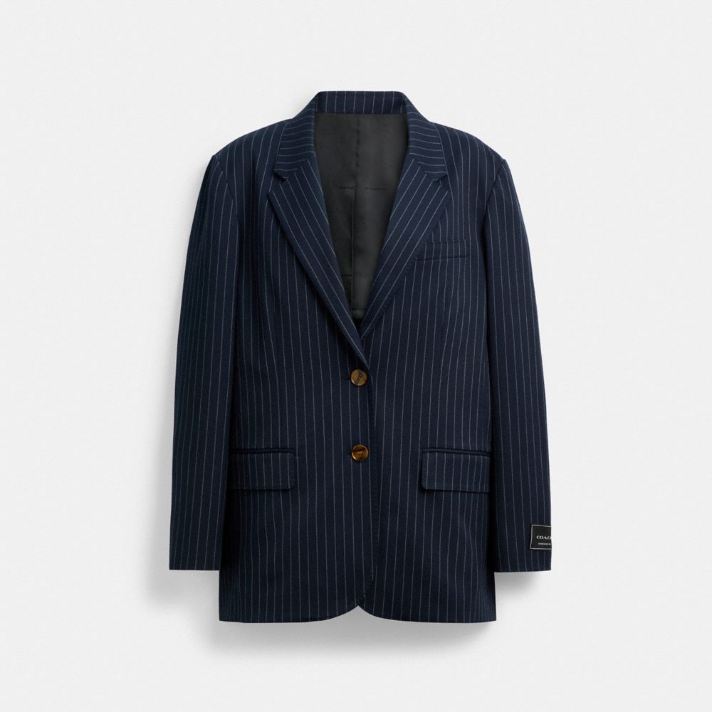 Coach Single Breasted Pinstripe Blazer White Navy