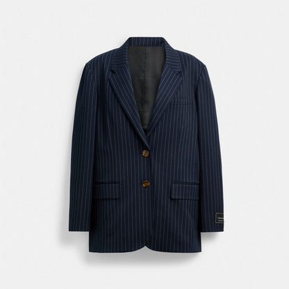 Coach Single Breasted Pinstripe Blazer White Navy