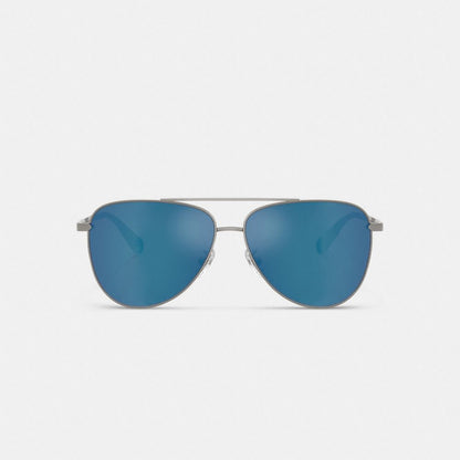 Coach C Hardware Metal Pilot Sunglasses Silver Blue