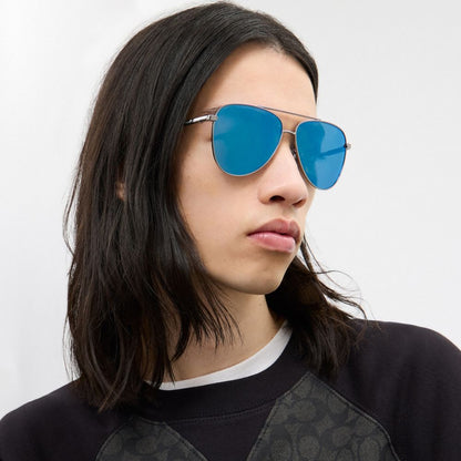 Coach C Hardware Metal Pilot Sunglasses Silver Blue