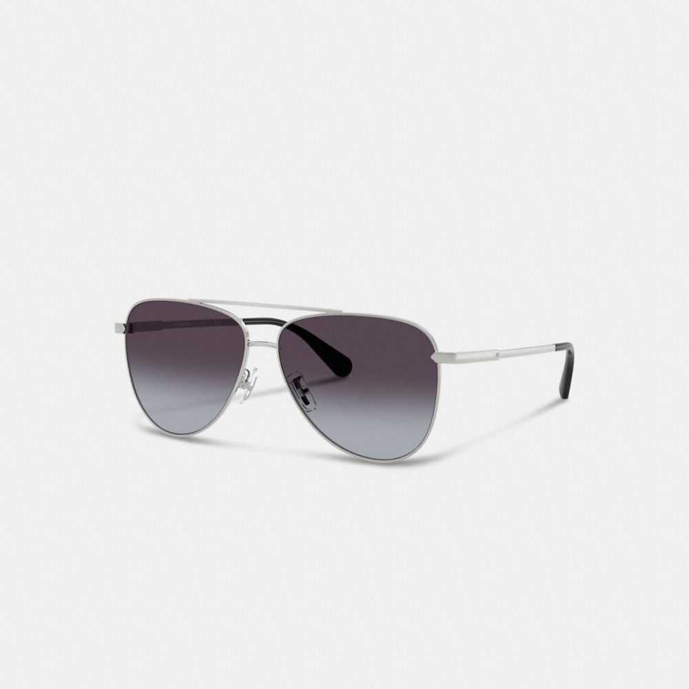 Coach C Hardware Metal Pilot Sunglasses Silver Grey Gradient