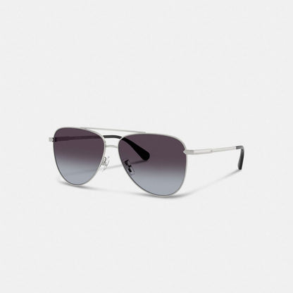 Coach C Hardware Metal Pilot Sunglasses Silver Grey Gradient