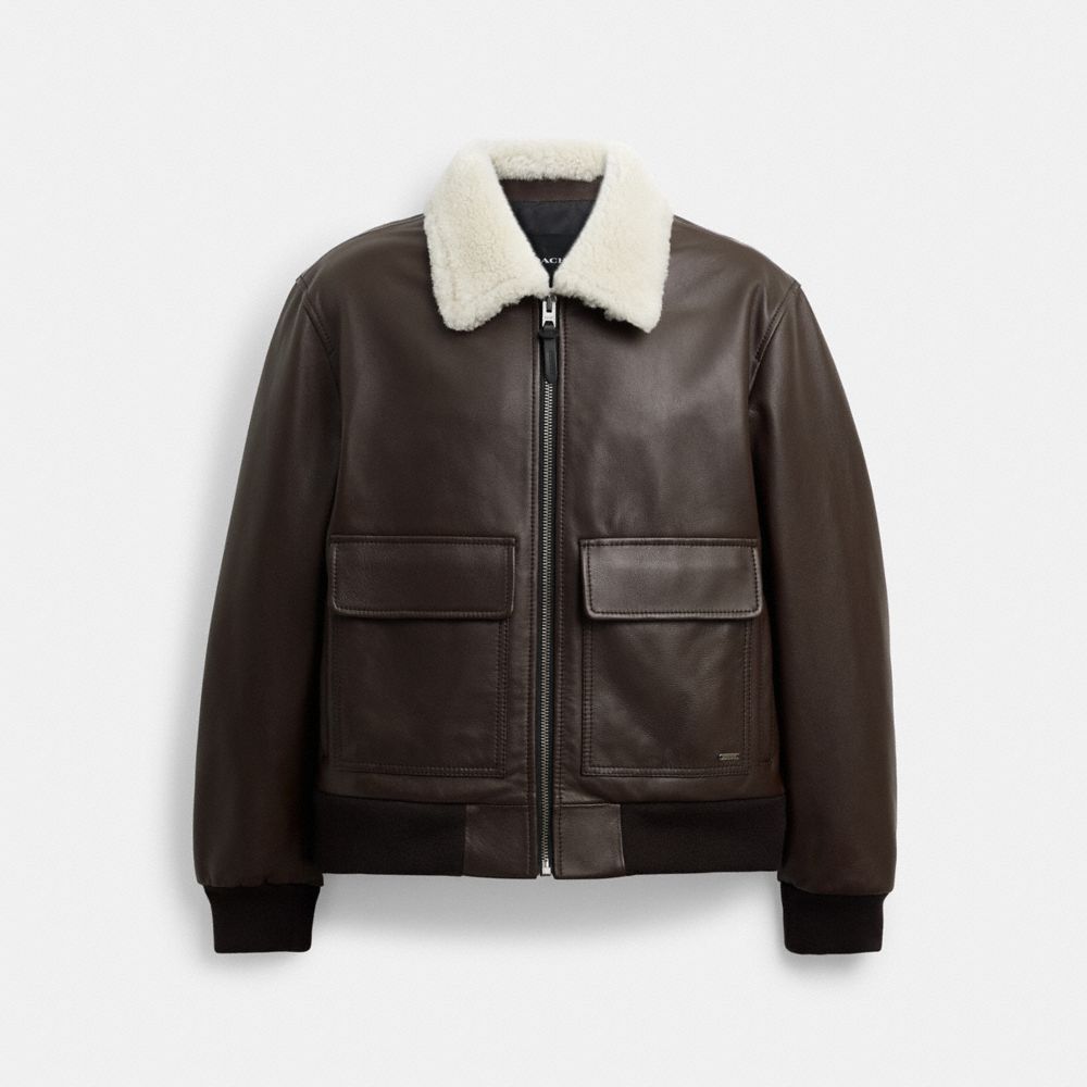 Coach Leather Flight Jacket With Shearling Collar Smoked Wood