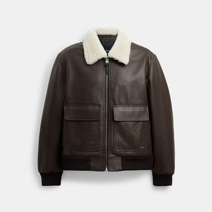Coach Leather Flight Jacket With Shearling Collar Smoked Wood