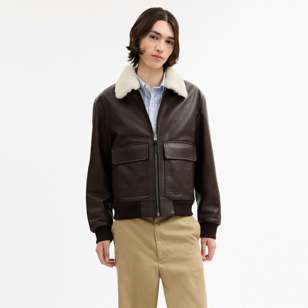 Coach Leather Flight Jacket With Shearling Collar Smoked Wood