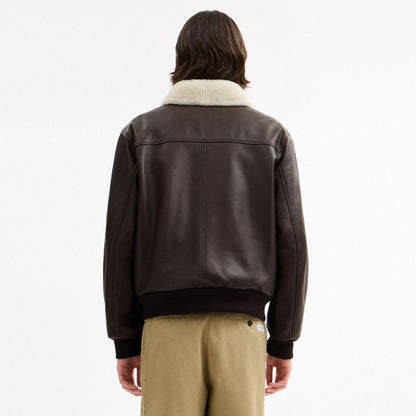 Coach Leather Flight Jacket With Shearling Collar Smoked Wood
