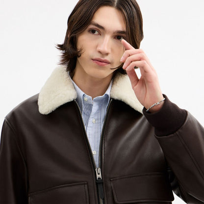 Coach Leather Flight Jacket With Shearling Collar Smoked Wood