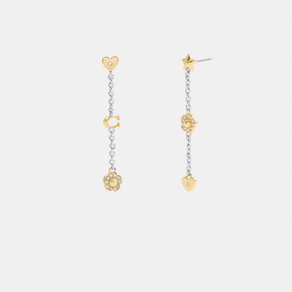 Coach Pavé Tea Rose And Heart Linear Earrings Gold Silver