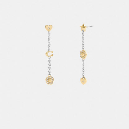 Coach Pavé Tea Rose And Heart Linear Earrings Gold Silver