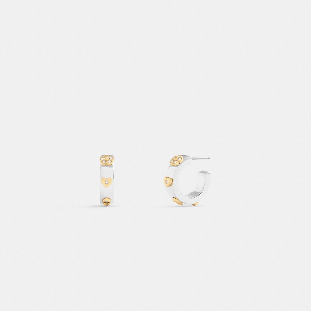 Coach Pavé Tea Rose And Heart Hoop Earrings Gold Silver