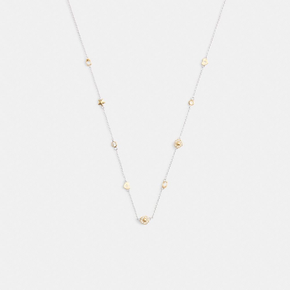 Coach Pavé Tea Rose And Heart Station Necklace Gold Silver