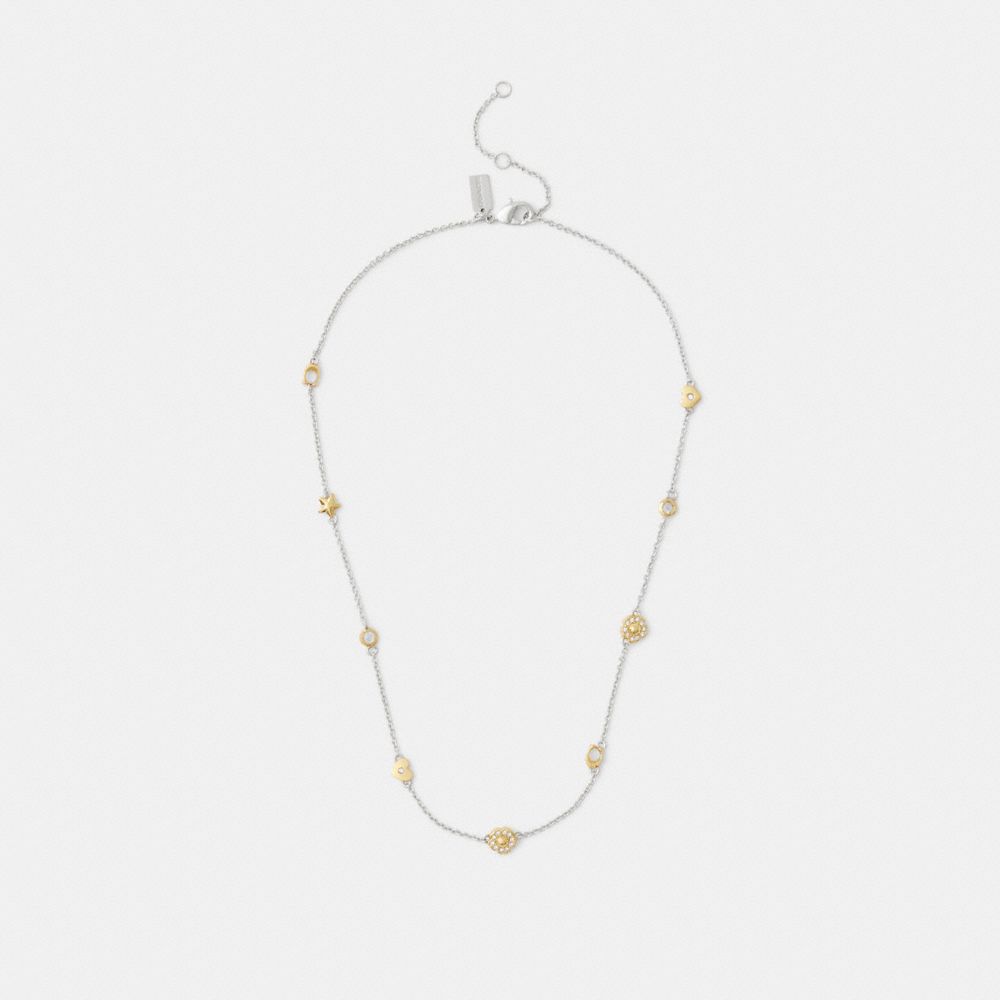 Coach Pavé Tea Rose And Heart Station Necklace Gold Silver