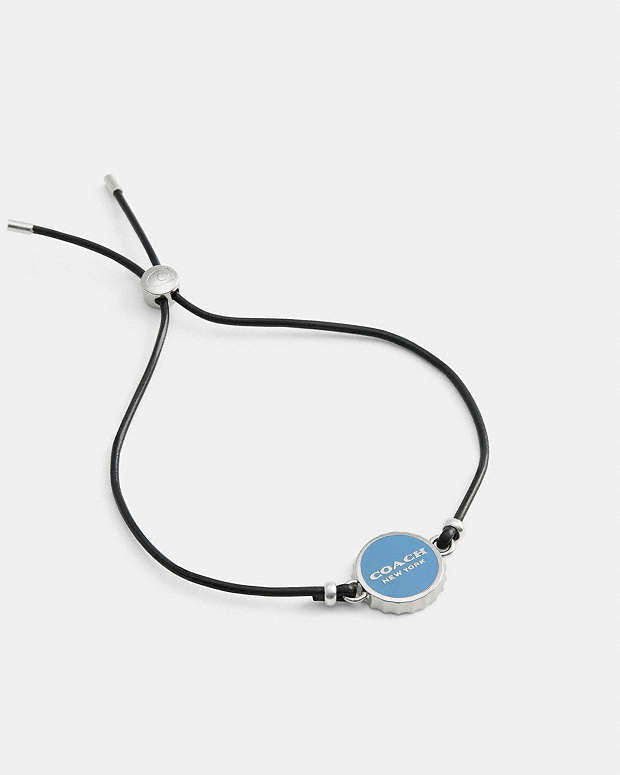 Enamel Bottle Cap Black Leather Bracelet Silver-Blue Silver-Blue