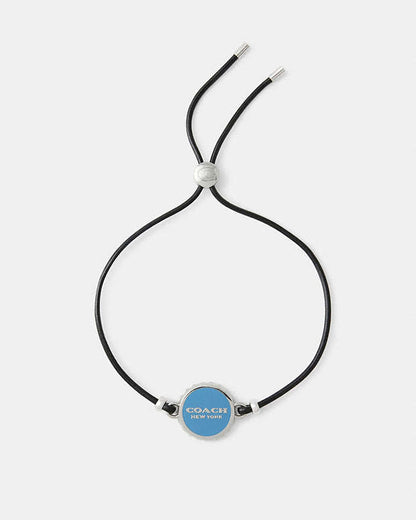Enamel Bottle Cap Black Leather Bracelet Silver-Blue Silver-Blue