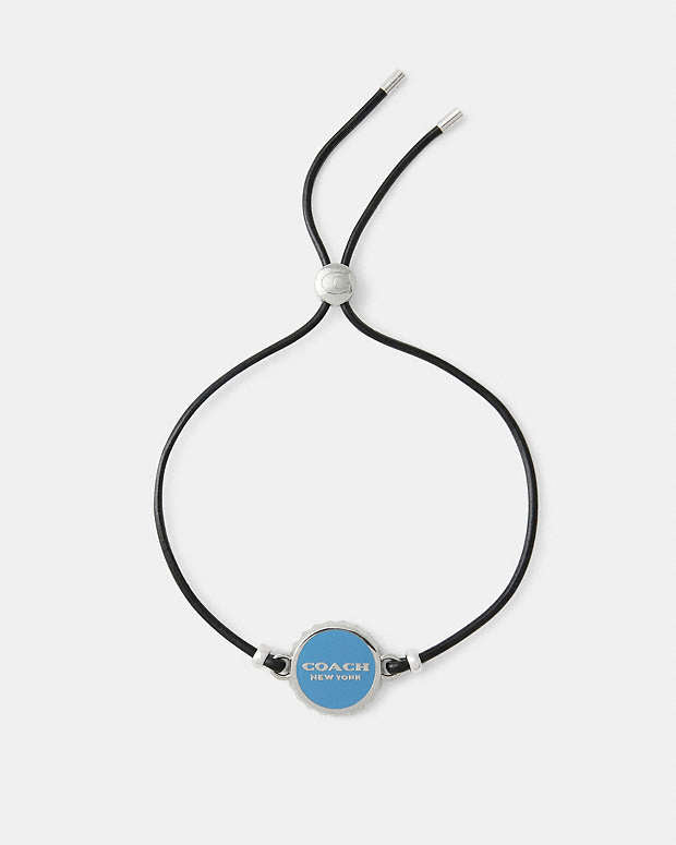 Enamel Bottle Cap Black Leather Bracelet Silver-Blue Silver-Blue