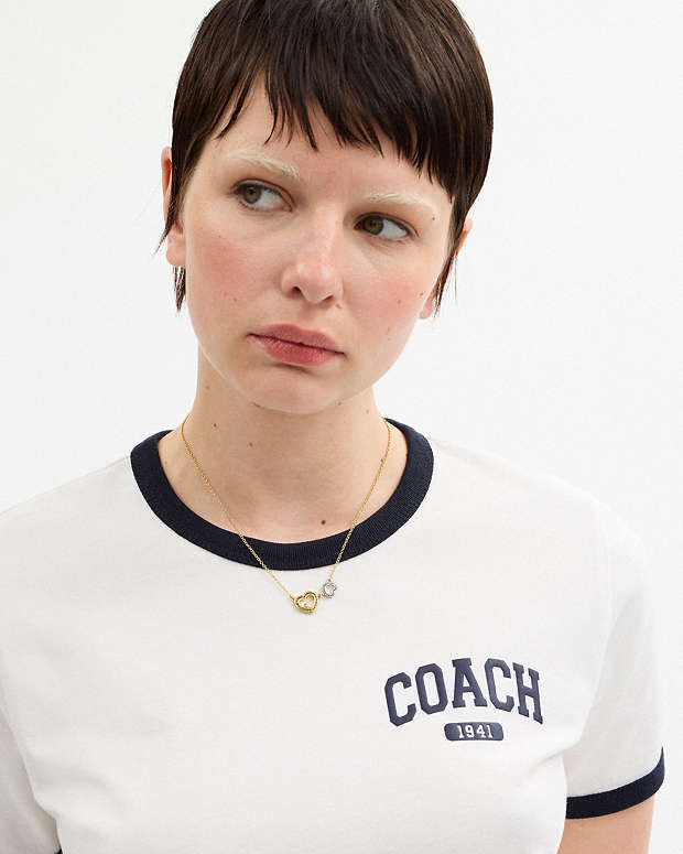 Coach Double Stitched Hearts Pendant Necklace Gold-Silver