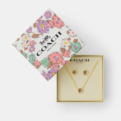 Coach Tea Rose Pendant Necklace And Earrings Gift Set Gold