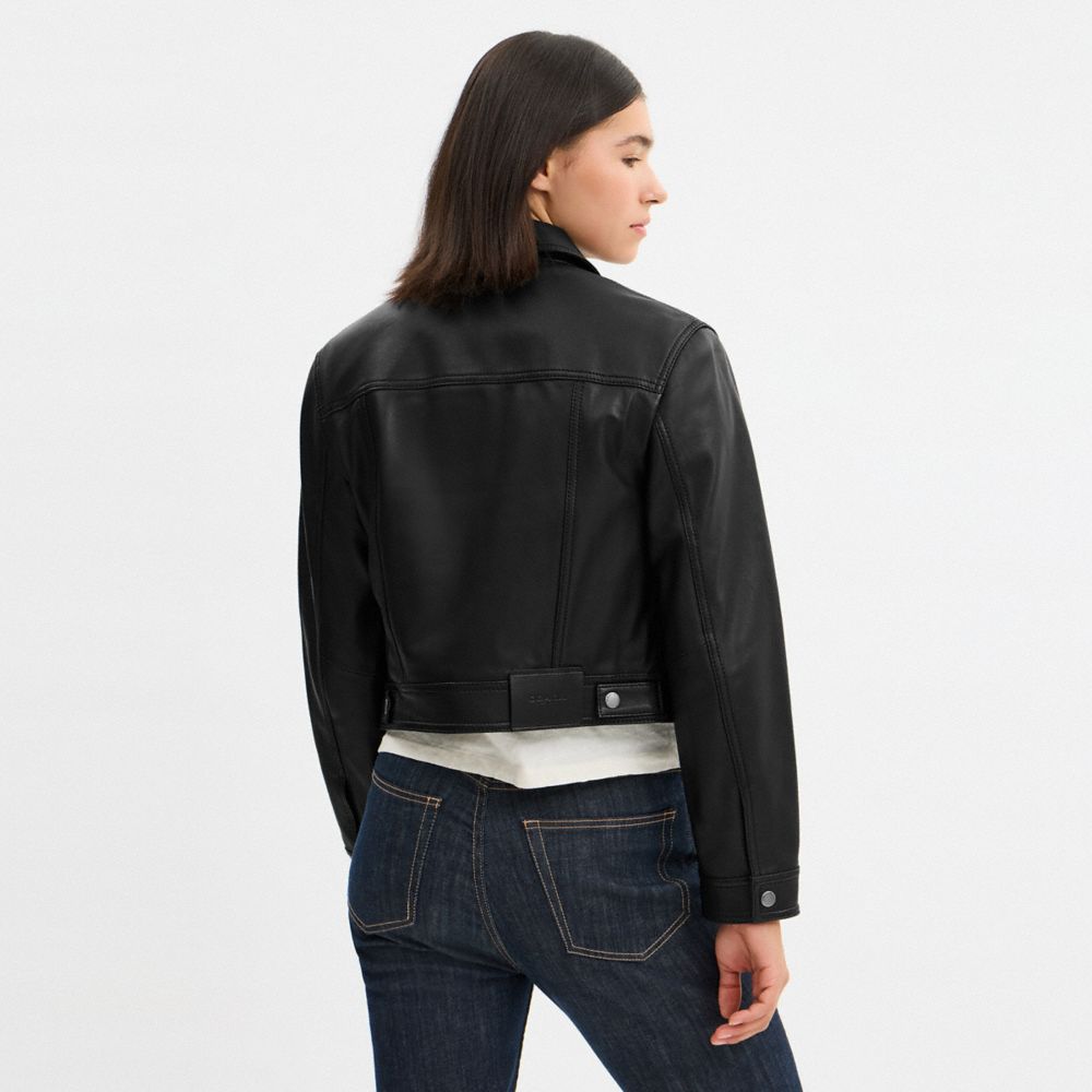 Coach Shrunken Leather Trucker Jacket Black