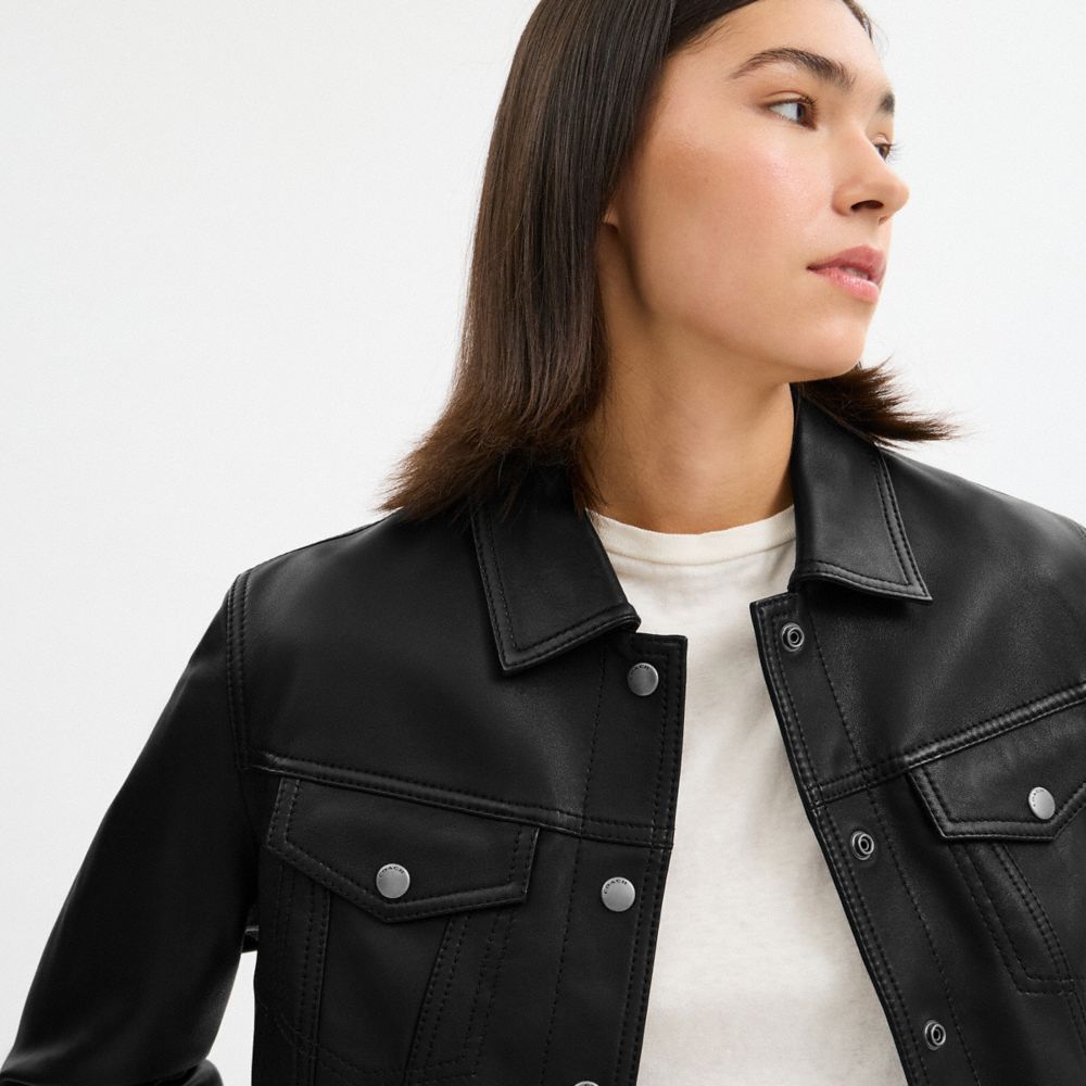 Coach Shrunken Leather Trucker Jacket Black