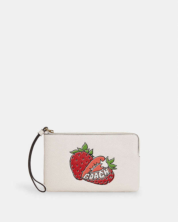 Large Corner Zip Wristlet With Strawberry Graphic Gold-Chalk Multi Gold-Chalk Multi