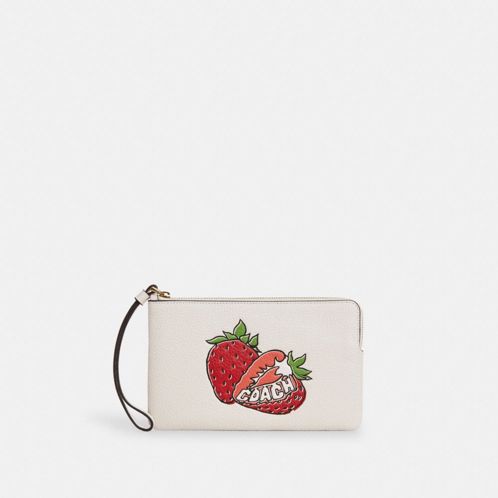 Large Corner Zip Wristlet With Strawberry Graphic Gold-Chalk Multi Gold-Chalk Multi