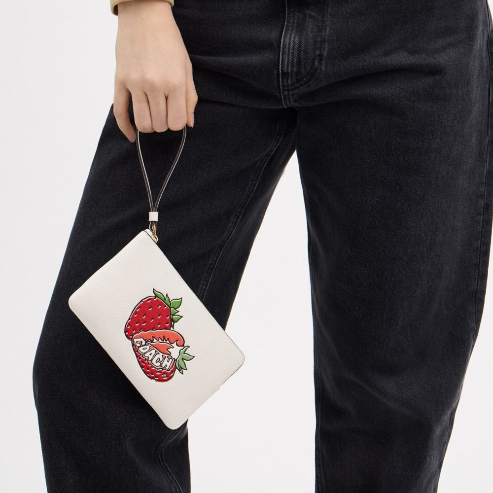 Large Corner Zip Wristlet With Strawberry Graphic Gold-Chalk Multi Gold-Chalk Multi