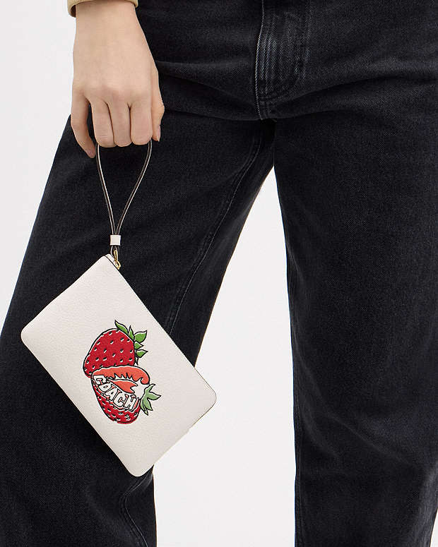 Large Corner Zip Wristlet With Strawberry Graphic Gold-Chalk Multi Gold-Chalk Multi