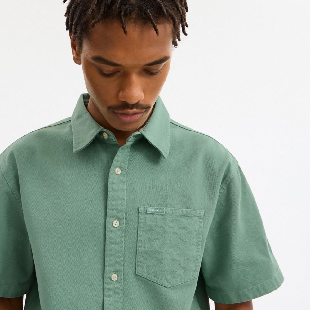 Coach Short Sleeve Relaxed Denim Shirt Green