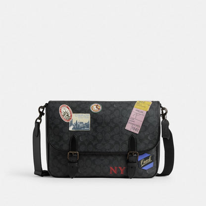 Coach Hitch Messenger Bag In Signature Canvas With Patches Charcoal Multi
