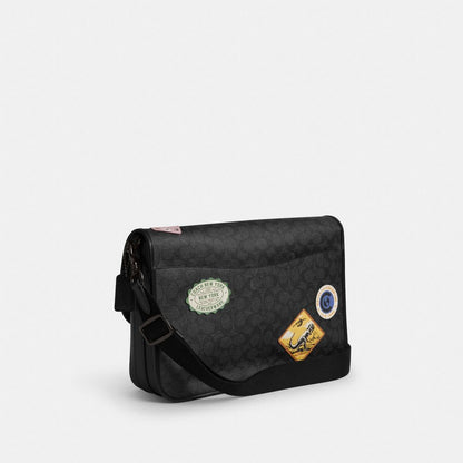 Coach Hitch Messenger Bag In Signature Canvas With Patches Charcoal Multi