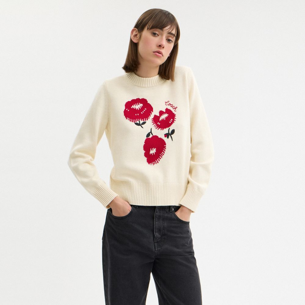 Coach Floral Crewneck Sweater In Organic Cotton Ivory
