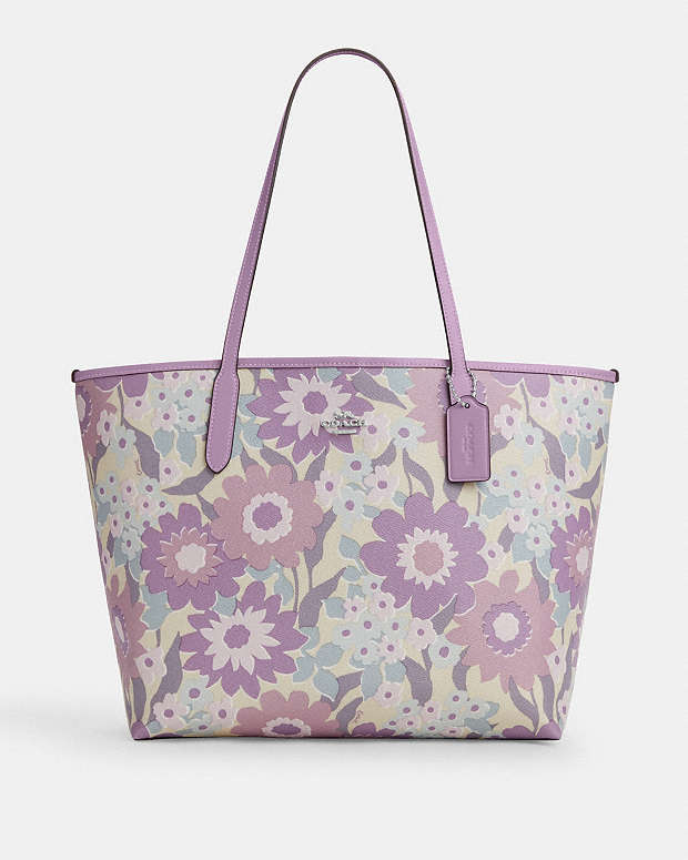 City Tote Bag With Floral Print Sv-Ivory-Purple Multi Sv-Ivory-Purple Multi