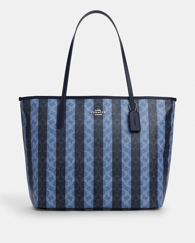 Large City Tote Bag In Signature Canvas With Stripe Coated Canvas-Silver-Denim-Midnight Navy Coated Canvas-Silver-Denim-Midnight Navy